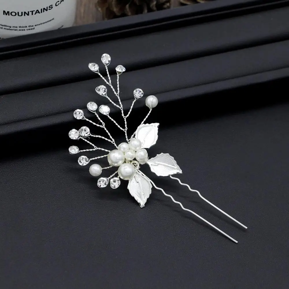 
Handmade Pearl Rhinestone Hair Pins White Leaf Metal Hair Fork Buns Elegant Bridal Tiara 