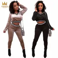 

LP8100 women casual velvet pants and crop top two piece outfits