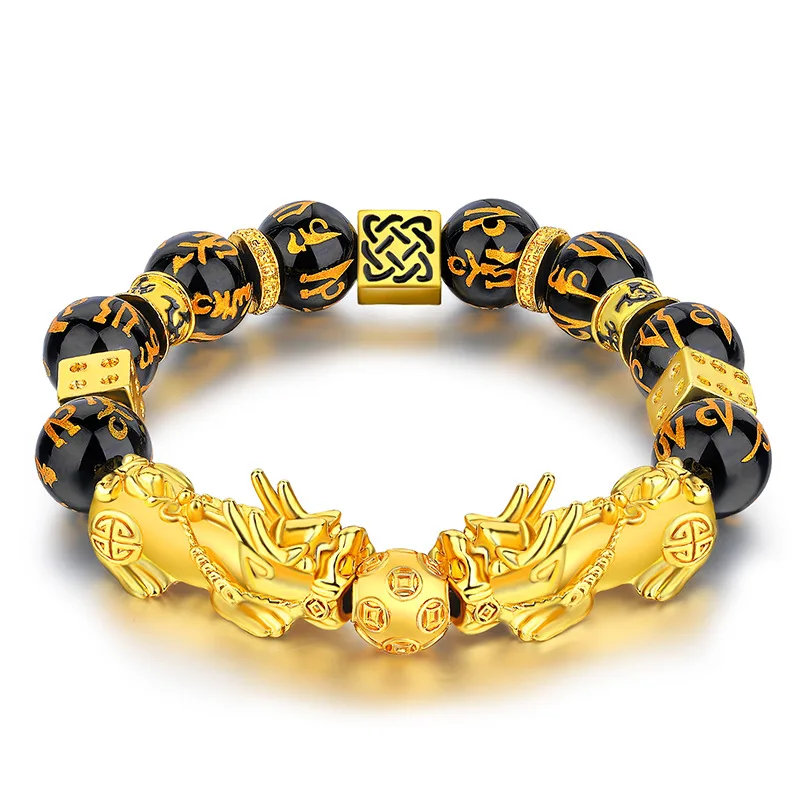 

Gold Plated Black Buddha Beads Bracelet Lucky Money Feng Shui Pixiu Mani Mantra Black Obsidian Wealth Bracelet
