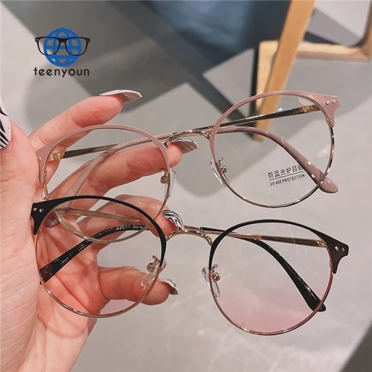 

Teenyoun Eyewear Fashion Korean Style Plain Spectacles Personality Gradient Lens Round Full Metal Rivet Frame Eyeglasses