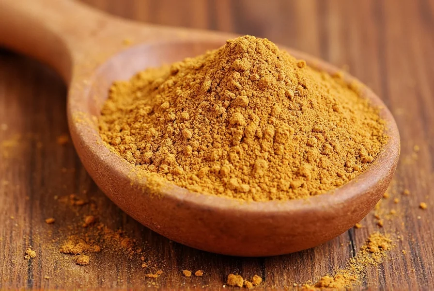 Close-up of cumin powder in a spice jar with measuring spoon