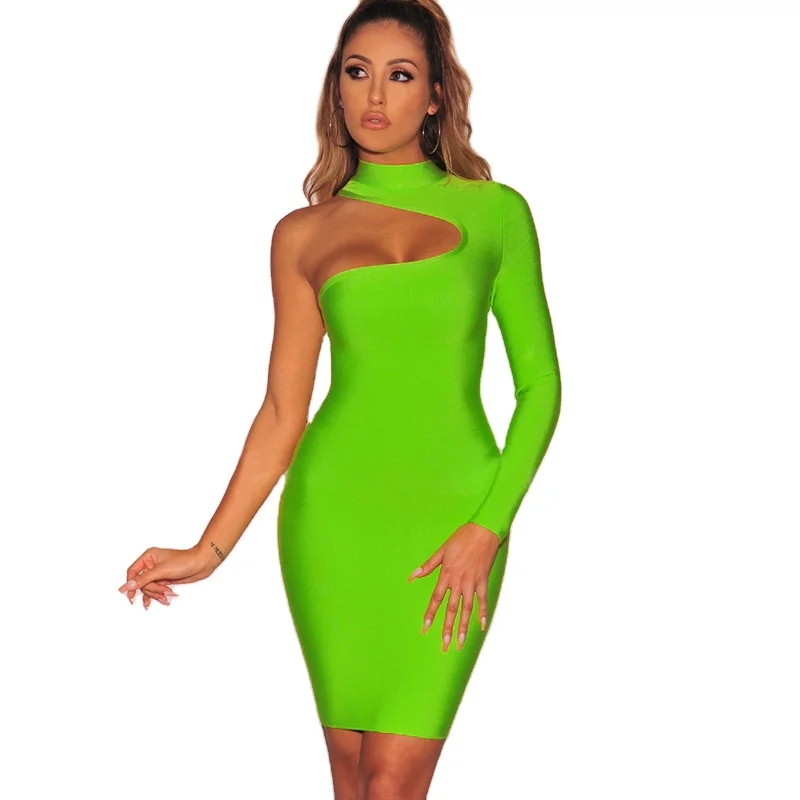 

D8195 Ladies high neck sexy one shoulder design long sleeve skirt slim fashion bandage dress bodycon