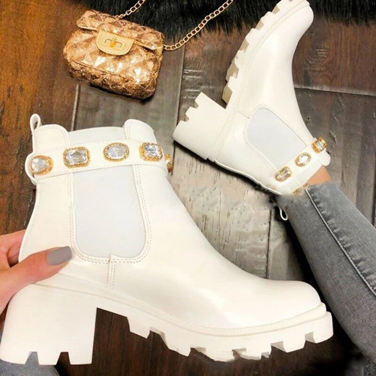 

Winter Luxury Womens White Boot Tie-dye Mid Heel Gold Rhinestone Thick Heel Ankle Chelsea Boots For Women, 3colors