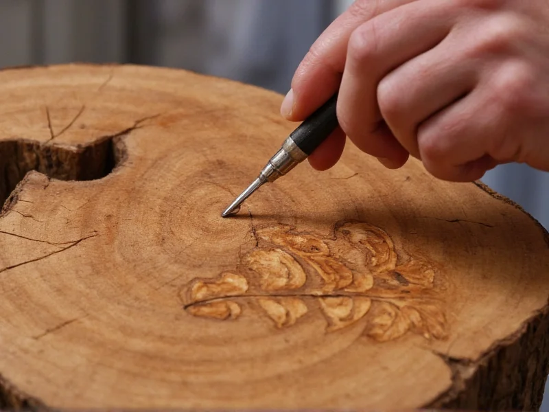 Hand holding wood-burning tool creating leaf design on reclaimed wood