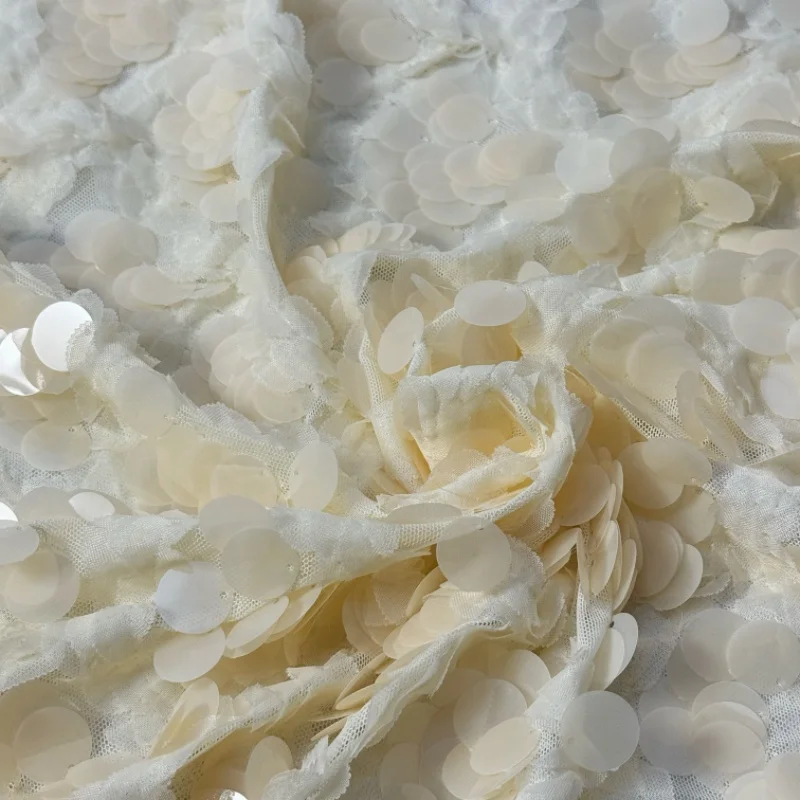 Good Price Fluorescent Polyester White Bridal Lace Embroidery Mesh Big Sequin Fabric for Girls Wedding Dress