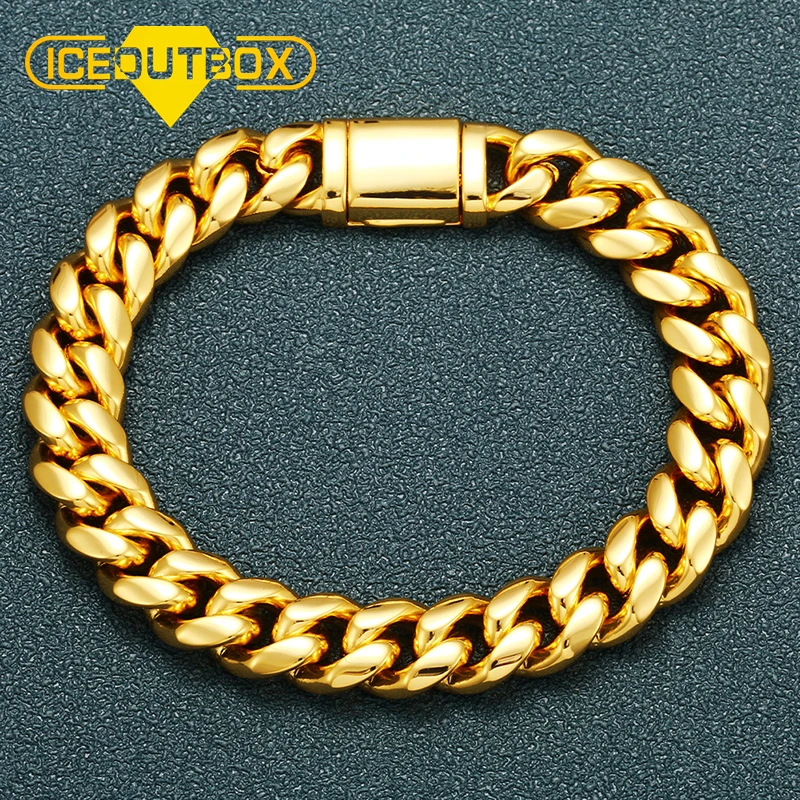 

Wholesale Hip Hop Jewelry 14k 18k Gold Plated Stainless Steel Box Clasp Custom Cuban Link Chain Bracelet For Men
