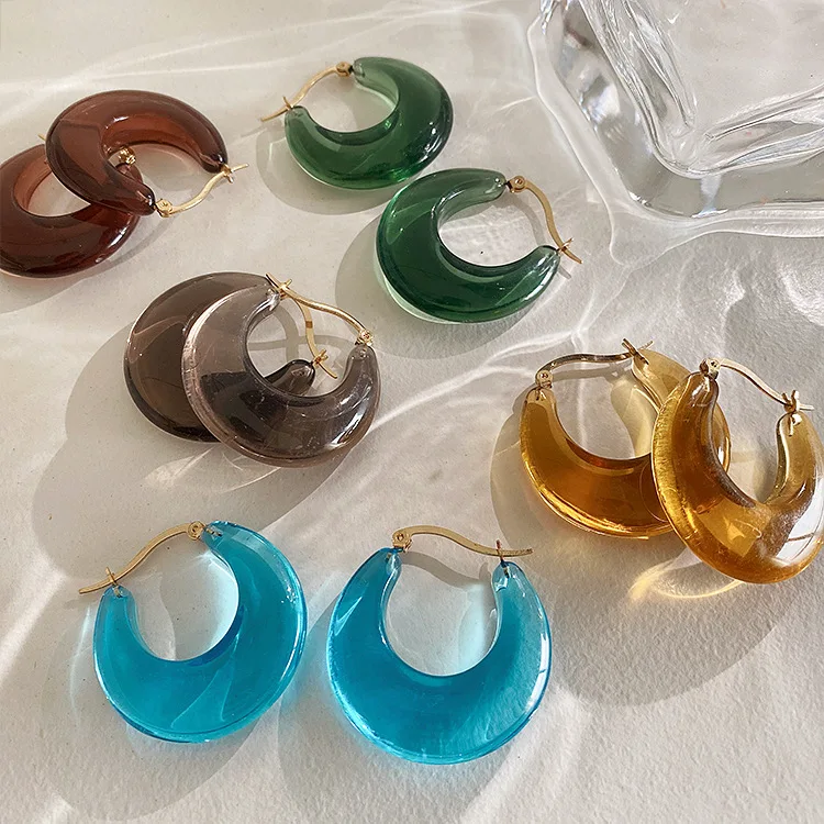 

Korean Simple Fashion Candy Color Retro Colorful Transparent Green Blue Resin Hoop Earrings Female