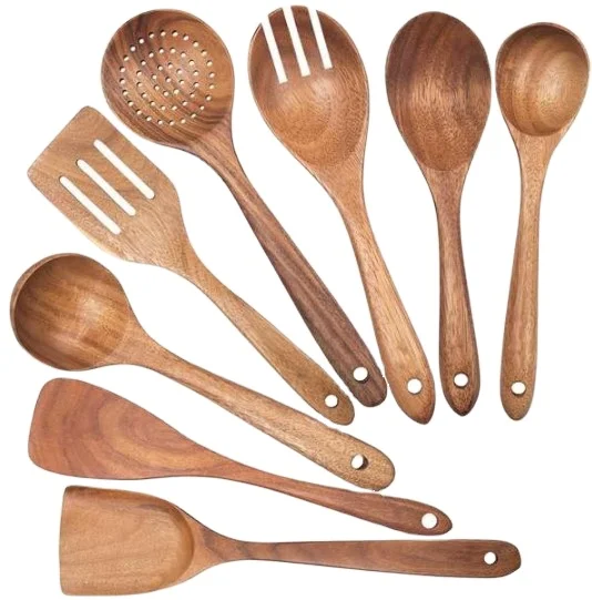 

hot sale amazon 8pcs per set teak wooden Kitchenware Cooking Tool Sets Kitchen Utensils Set, Natural color