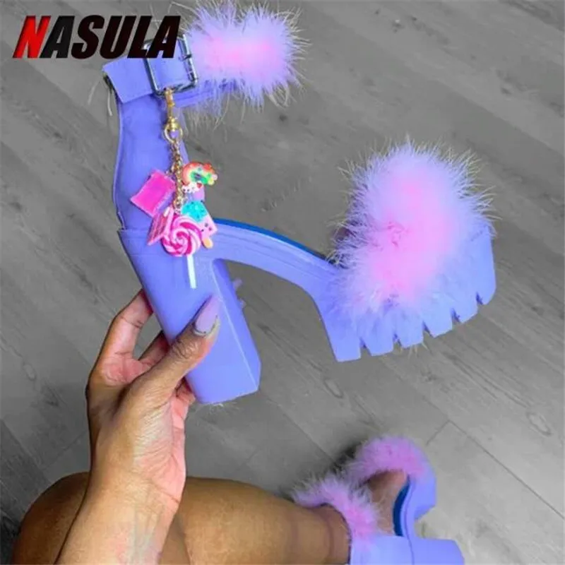 

Women Casual Shoes Cross Straps Platform Sandals Fashion Fur Slides Slippers Sexy Chunky Heel Shoes Thick Bottom Footwear