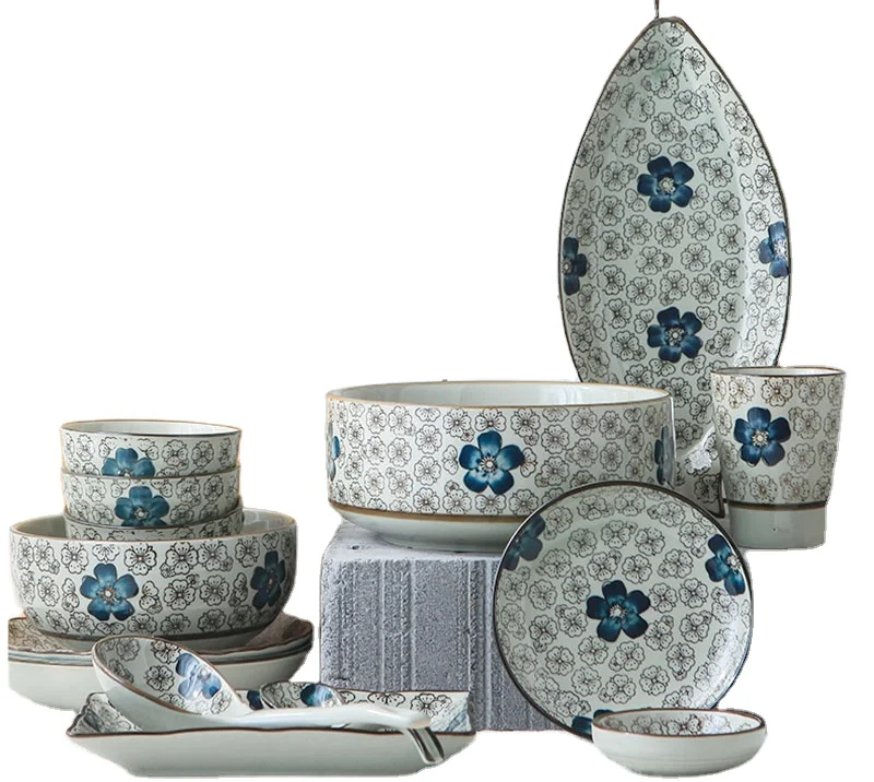 

RTS Japanese Style Hand Painting Ceramic Dinner Set 30pcs(Blue Sakura) for Home and Restaurant