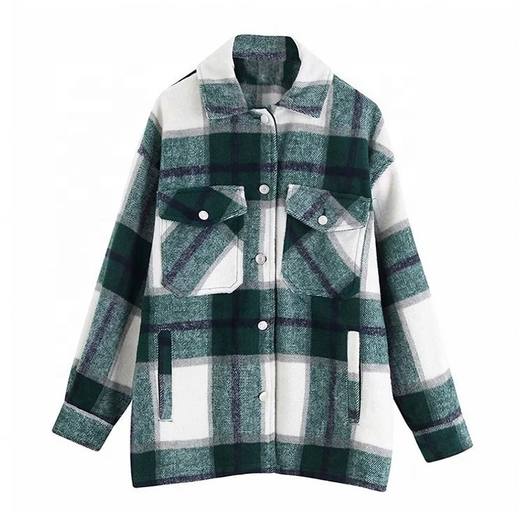 

Vintage Stylish Pockets Oversized Plaid Jacket Coat Women 2021 Fashion Lapel Collar Long Sleeve Loose Outerwear Chic Tops