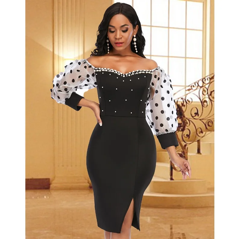 

New Sexy Organza Lantern Sleeve Pearls Decorations Plus Size Elegant Casual Dresses Ladies For Women, Picture shows