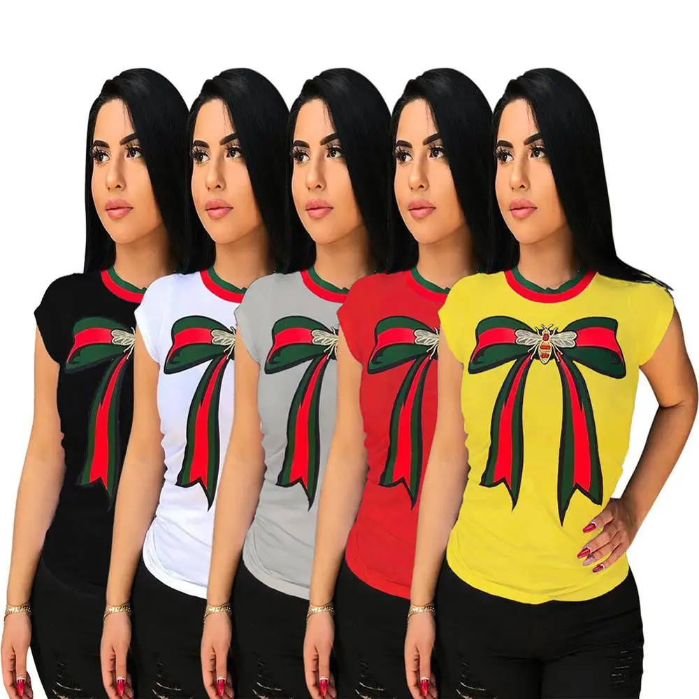 

In stock polyester and cotton material plus size short sleeve bow tie printed women t shirt, As pictures showed