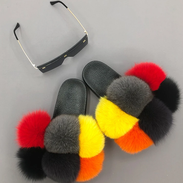 

Fashion Big Sunglasses Matching Fluffy Pom Pom Real Fox Fur Slippers Women, Customized color