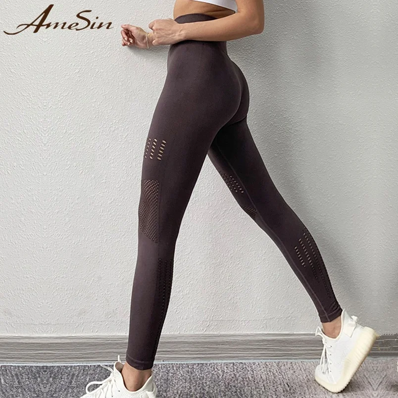 

AMESIN Free Sample Seamless Yoga Pant Booty Scrunch Bamboo Seamless Fitness Leggings, Green, black, coffee