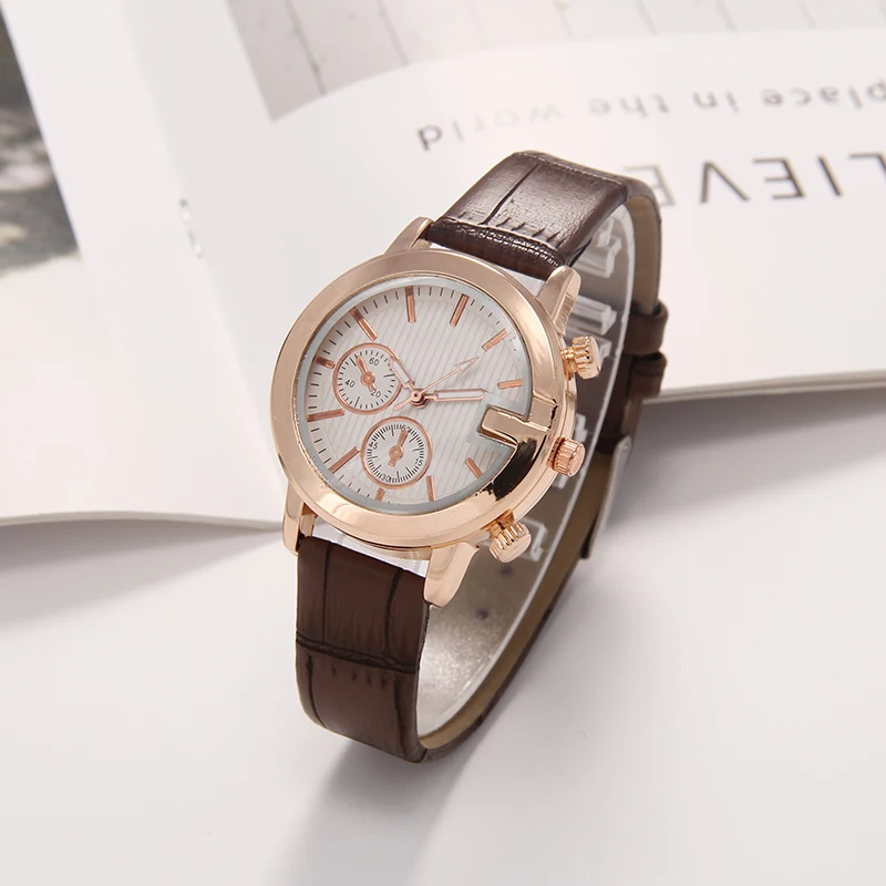 

Quartz belt clock hot sale in Southeast Asia stripe belt rose gold case scale display calendar ring unisex watch, As picture