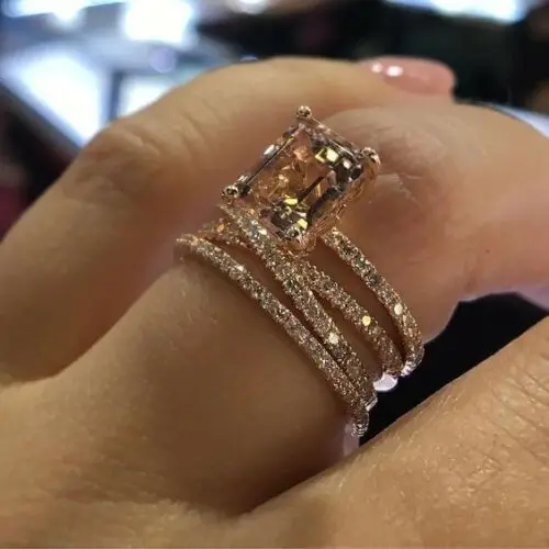 

14K Rose Gold Plated Multi Layers Cubic Zircon Engagement Ring Square Cut Diamond Promise Eternity Ring