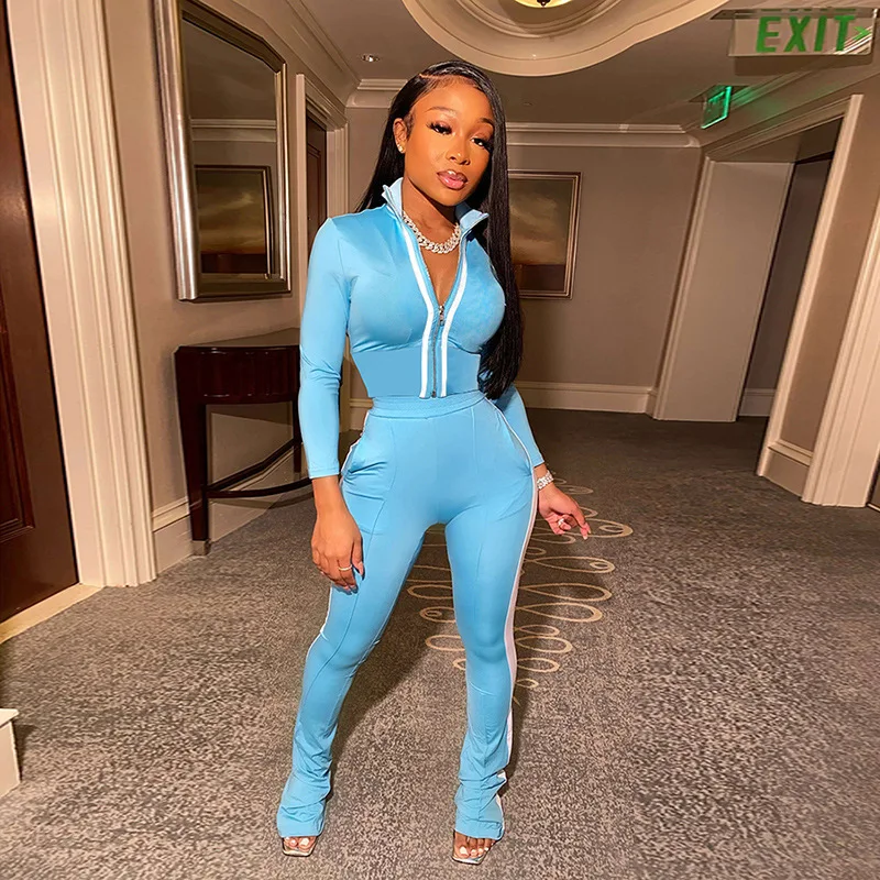 

2021 Autumn Stand Collar Zip Cardigan Coats Stack Pants Two Piece Pants Set For Ladies, 7 colors