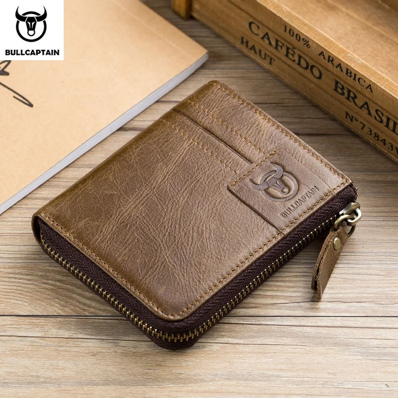 

Bullcaptain men's leather wallet trend youth wallet retro simple zipper bag short change card holder rfid blocking wallet