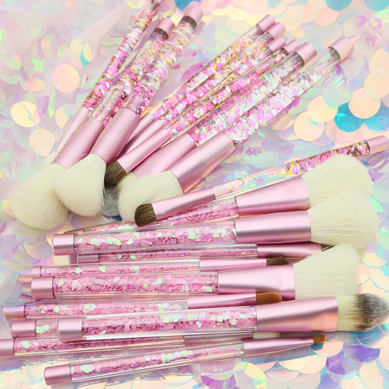 

High quality quicksand handle glitter private label bling pink makeup brush set