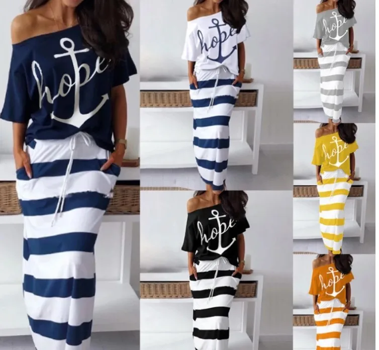 

2020 women clothes 2 piece set cartoon print sailor style top with maxi skirt summer two piece skirt set Casual Dresses