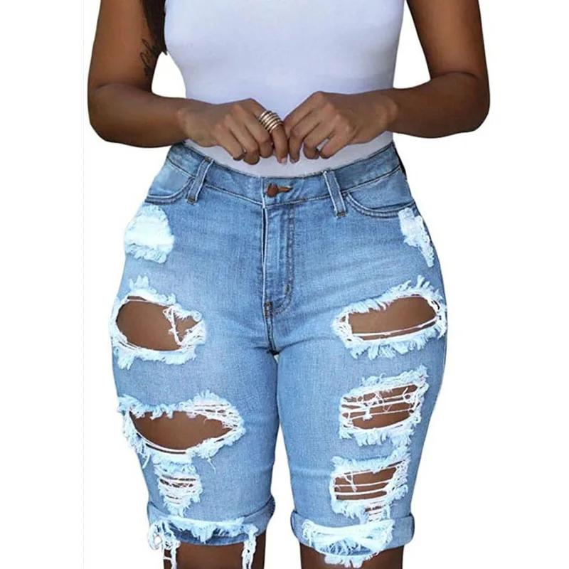 

2021 Summer Women Jeans Shorts Knee-Length Jeans Hollow-Out Pockets Skinny Raw Ripped Denim Shorts