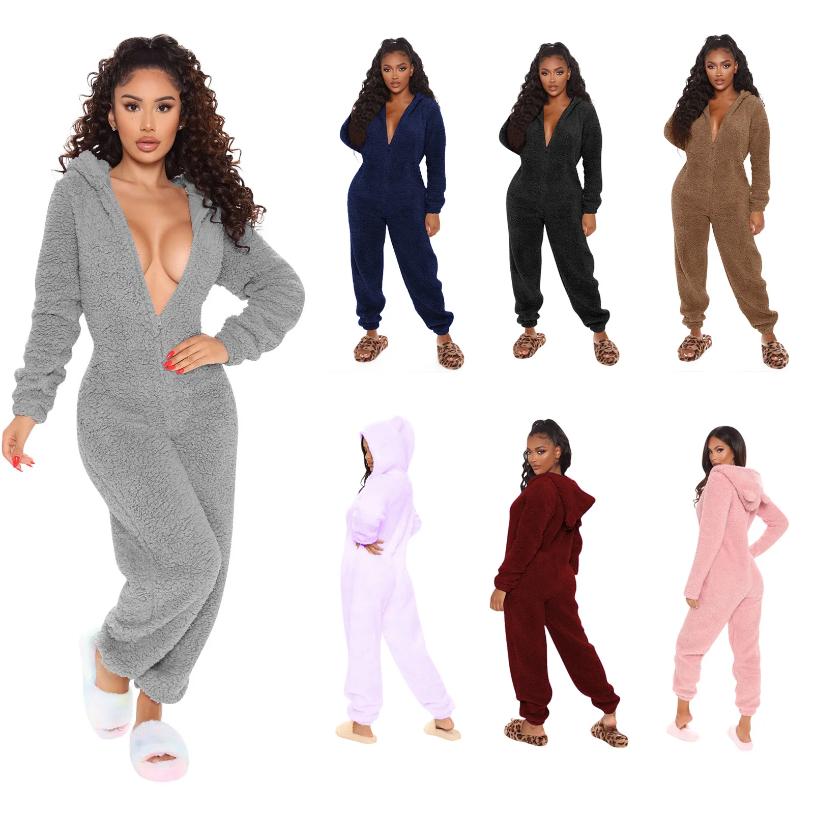 

Solid-color plush hooded long-sleeved, ear-protected home jumpsuit women's trousers, Customized color