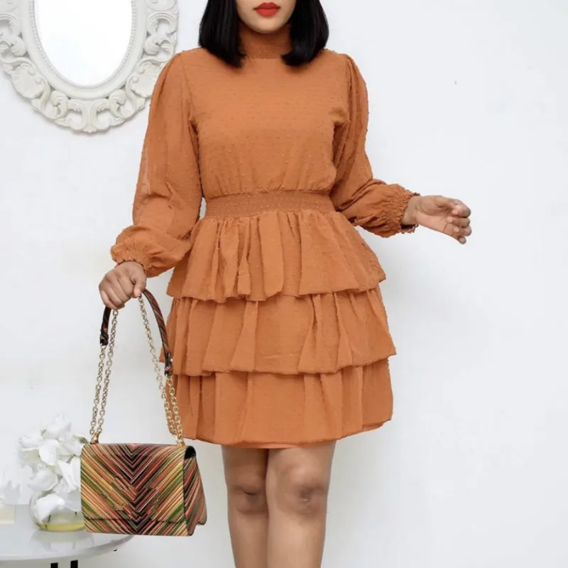 

Autumn Classy Pleated Mini Cake African Women Office Career Dresses, Green orange