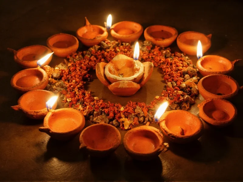 Handmade clay diyas arranged in rangoli pattern
