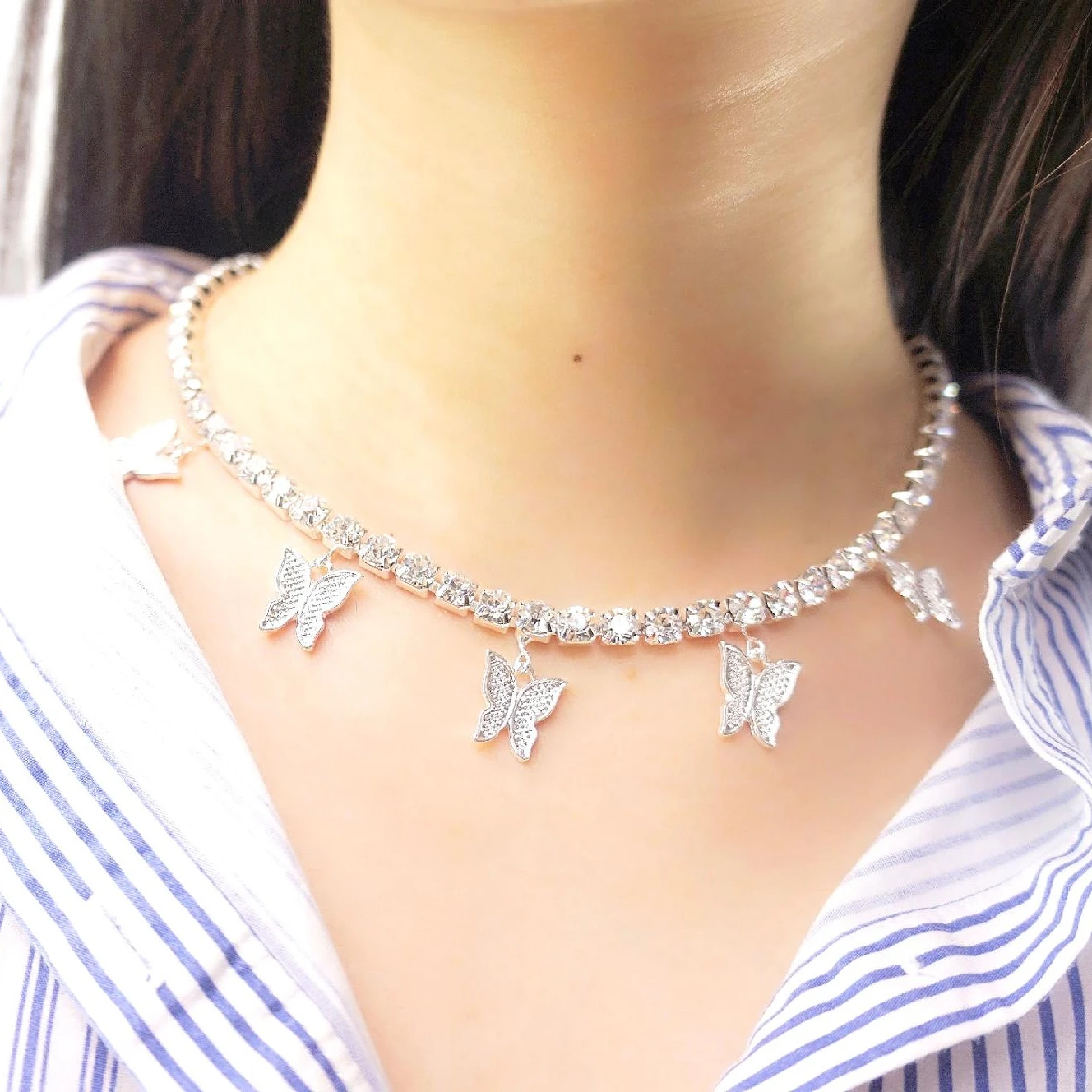 

2021 New arrivals necklace women silver color tennis chain jewelry butterfly rhinestones necklace