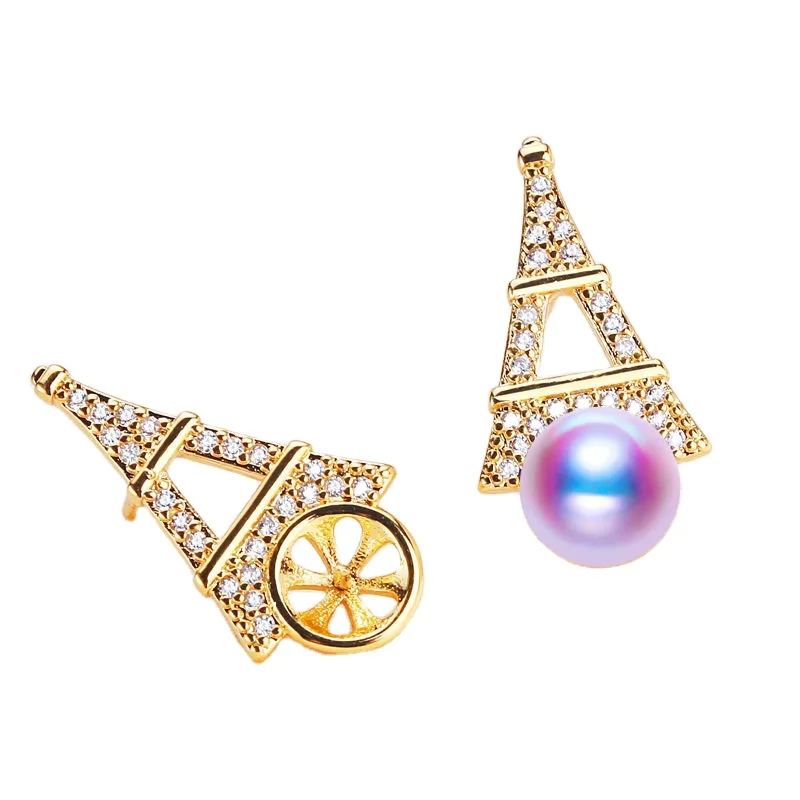 

Wholesale Pearl earrings mountings Sterling Silver Needle Eiffel Tower design Whole body gold plating No.45