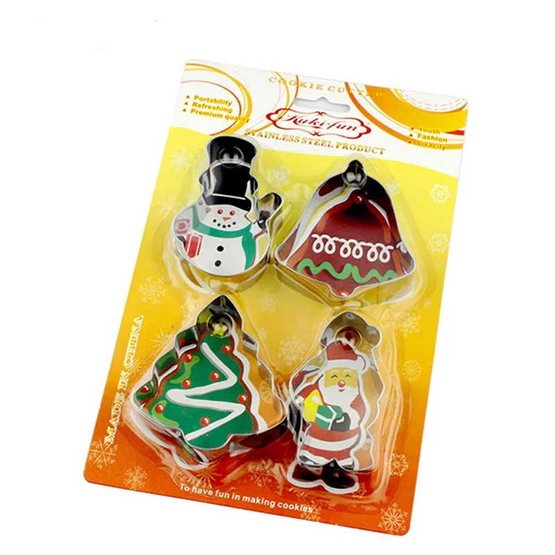 

Stainless Steel Christmas 4-Piece Set Bell Christmas Tree Cookie Mould Cake Print DIY Baking Tool