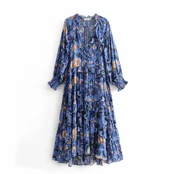 QZ6100 Spring Women Long Sleeve Blue Floral Print Fairy Bohemian Dress Ladies Viscose Cotton Rayon Dresses Boho Clothing