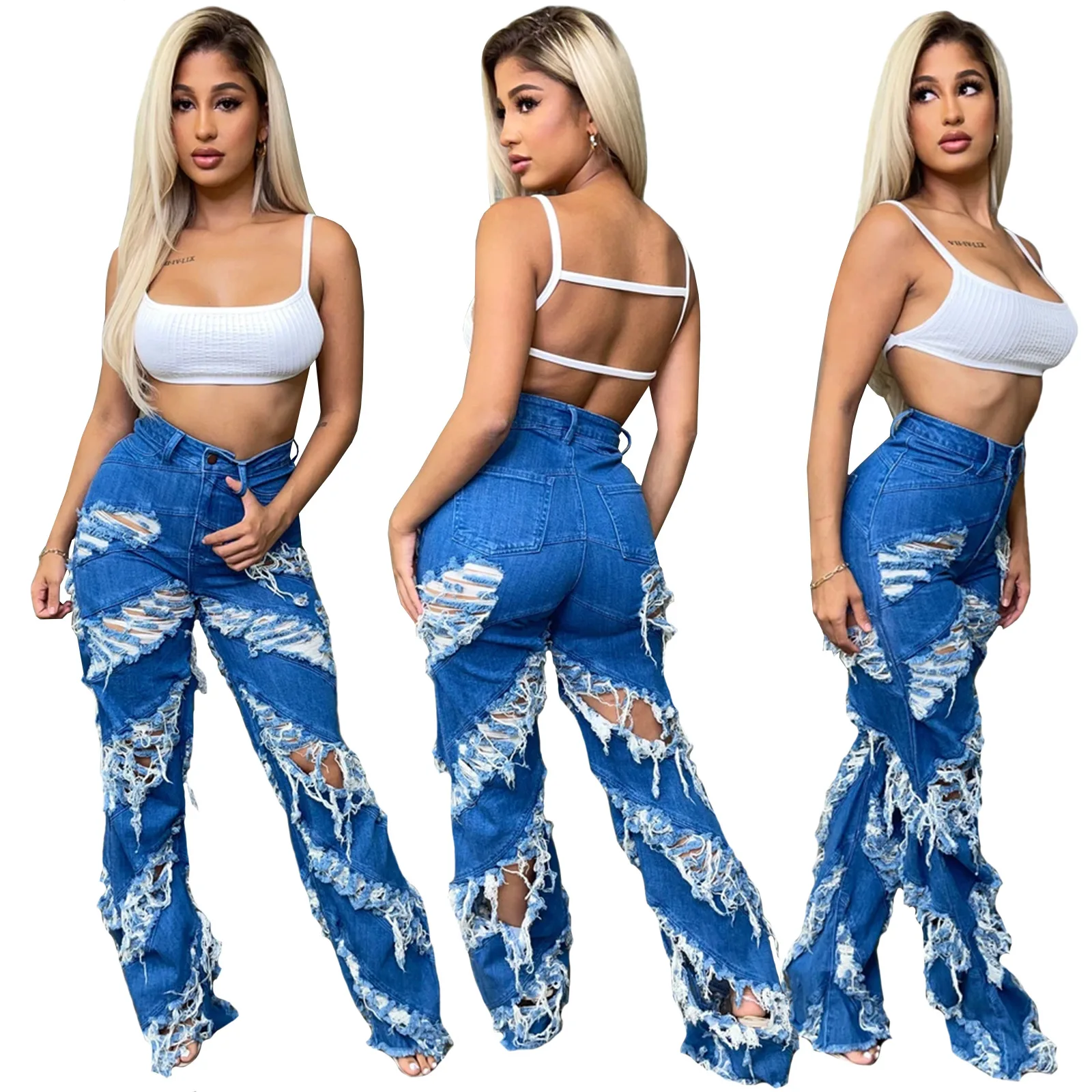 

SZ1003 2021 Fall Women's Wave Ripped Hole Ripped Casual Fashion Sexy Jeans, Blue