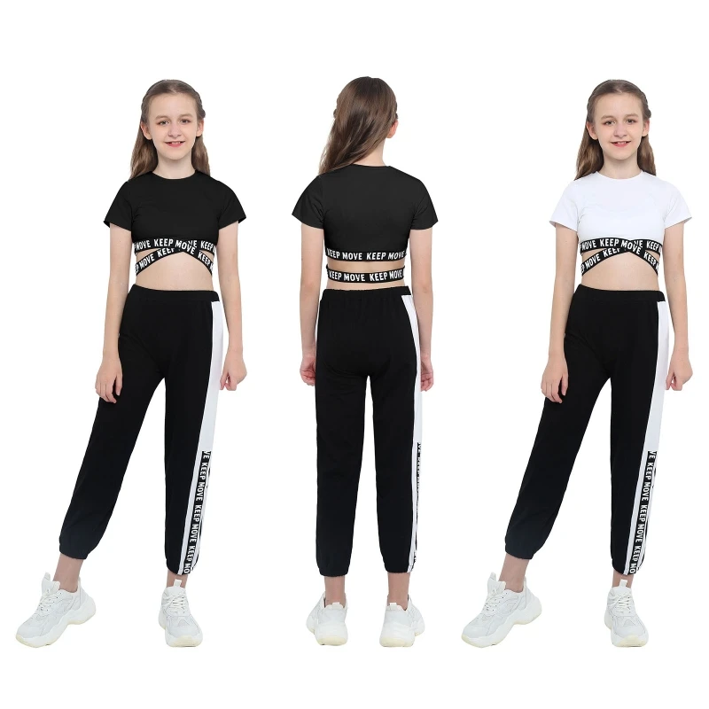 

Wholesale Two Piece Tracksuit Kids Girls Short Crop Top Letters Print Pants Trousers For Soprt Gym Dance