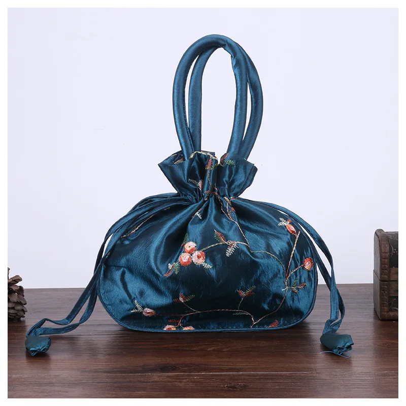 

vintage Chinese style Polyester satin cloth double-layber embroidered handbag with brocade drawstring bag, Black/white/red/blue/orange