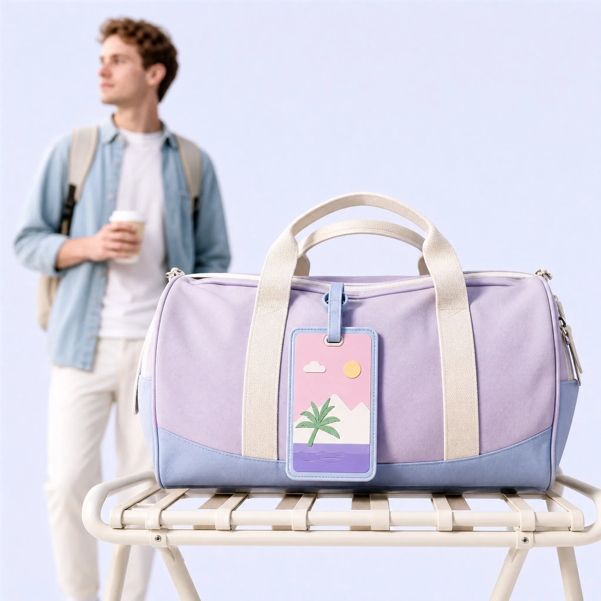 Custom 3D Soft PVC Luggage Tag on Lavender Travel Duffle Bag Lifestyle Scene