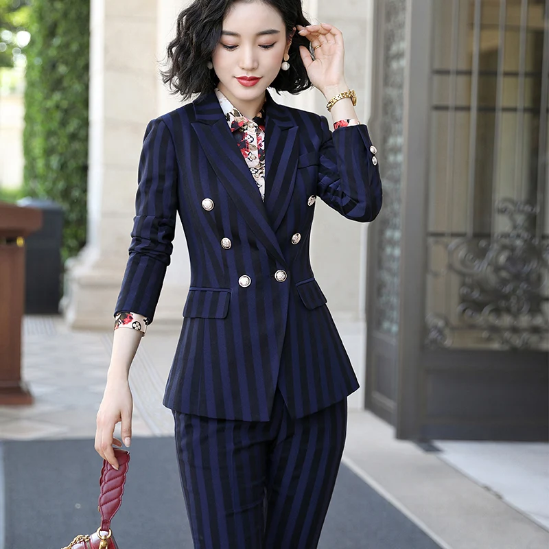 High-quality Soft 2 Piece Suit Set Striped Pant Suits Plus Size Blazer ...