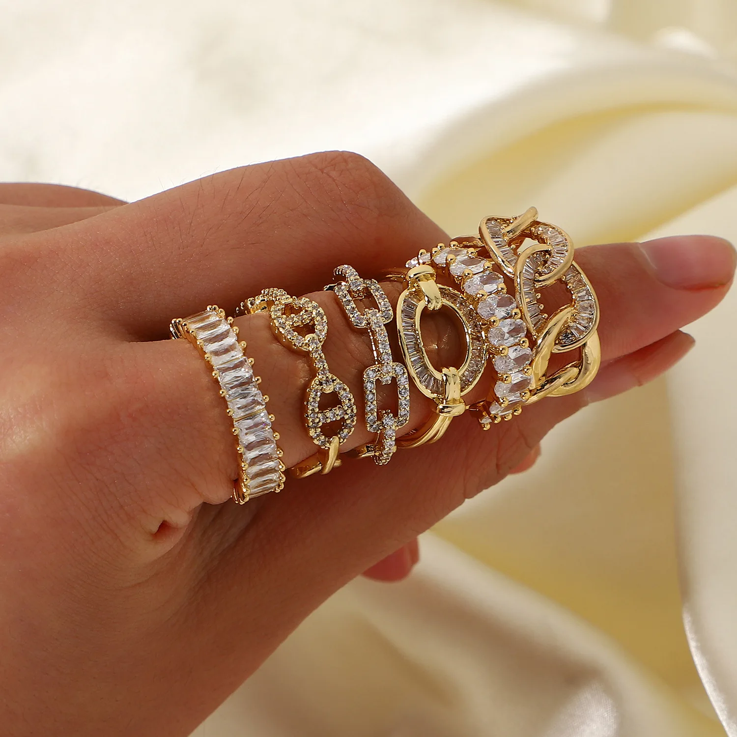 

18K gold copper inlaid zirconium ring opening adjustable fashion new pair ring geometric ring female