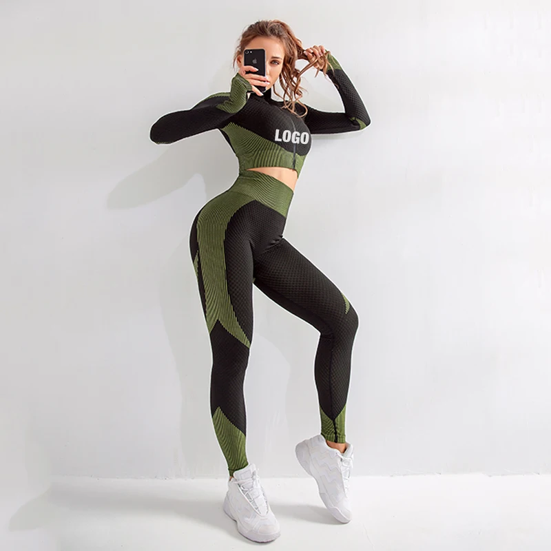 

Custom pure color yoga seamless gym jogging suit yoga set long sleeves women's