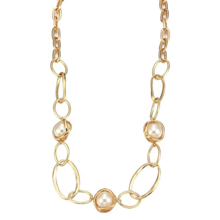 

Dina Wholesale Romantic Simple Long Round Link Chain Necklace With Acrylic Pearls For Gifts, Gold