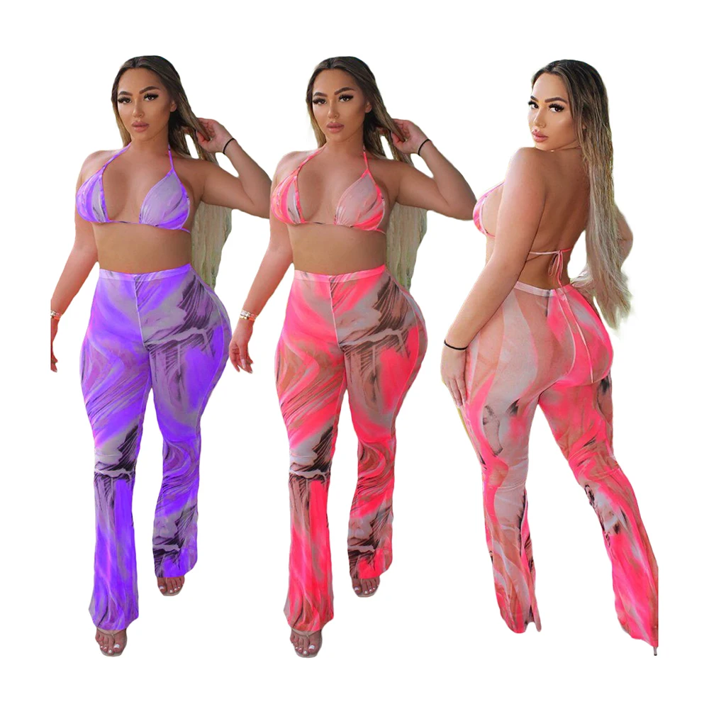 

Foma Clothing BN152 spring summer 2021 fashion sexy women beach bra pants printing swimsuit mesh 2 two piece set, 2 colors