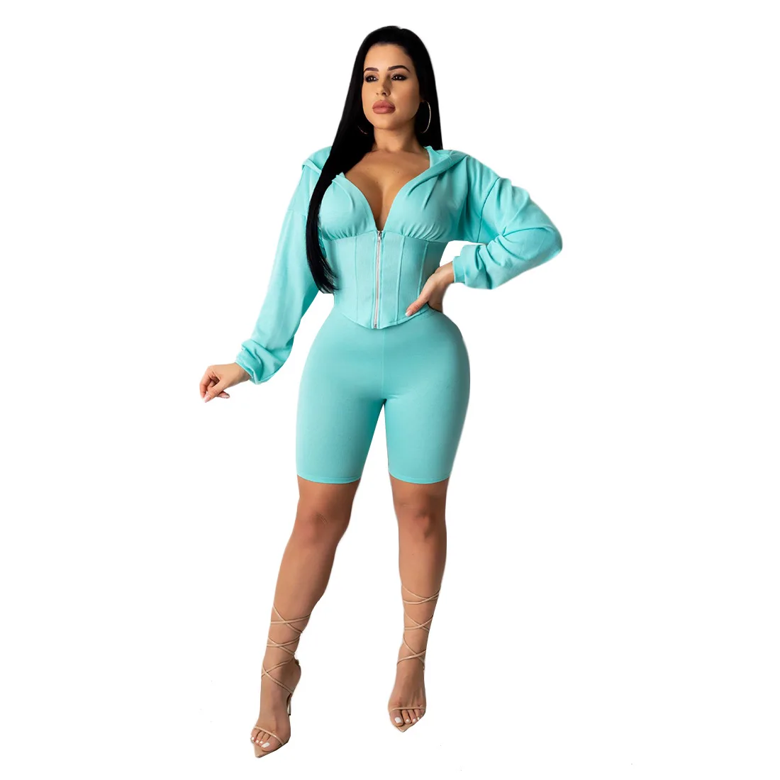 

2020 New arrivals women Long sleeve zipper hoodie and short pants summer casual two piece set