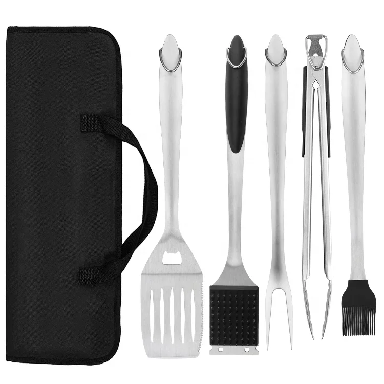 

5pcs Stainless Steel BBQ Tool Set Barbecue Grilling Accessories Utensils with Portable Oxford Cloth Bag Barbecue Tools, Silver