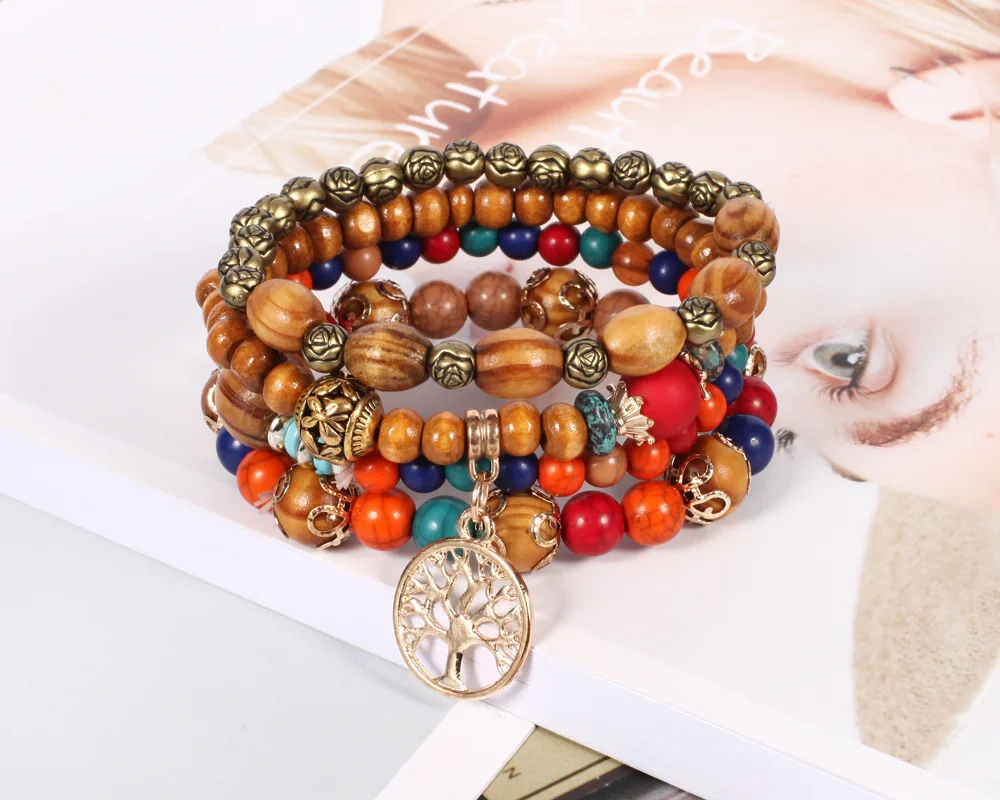 

New Arrival Handmade Delicate Multi Layer Wood Beaded Tree of Life Pendant Bracelet Set