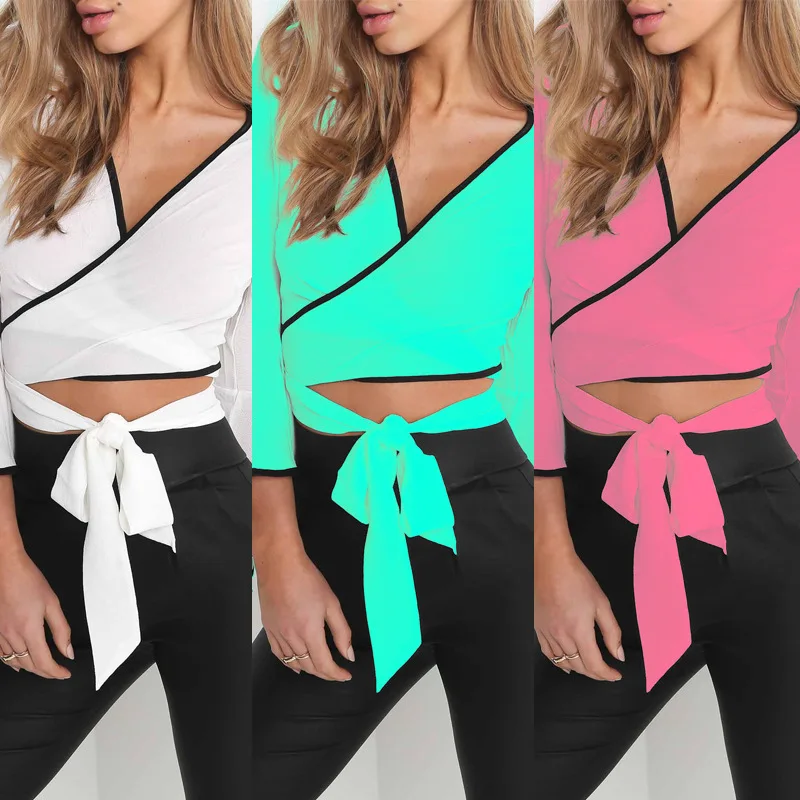 

WW-0887 Deep V-neck Cross Brief Paragraph Coat Horn Sleeve Ruffled Lace Shirt Women Fashion Blouse Shirt Ruffle Crop Top Tank, Customized color