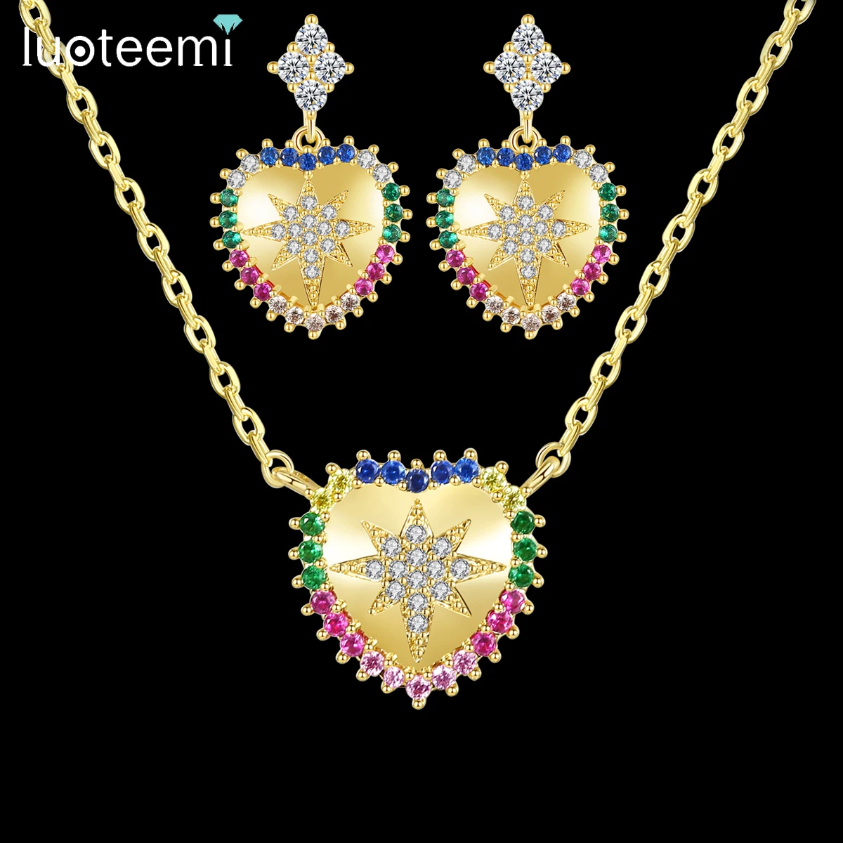 

LUOTEEMI Lady Set Cz Gold Metal Pendant Necklace Earring Heart Girl 5A Zircon Woman Delicate Dainty Jewelry Plated