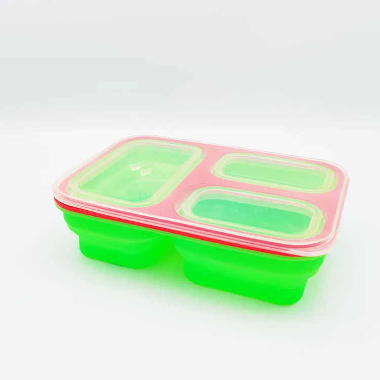 

Custom logo Collapsible Insulated 3 Compartment Silicone Food Storage Container Bento Lunch Box with Plastic Spoon, Colors