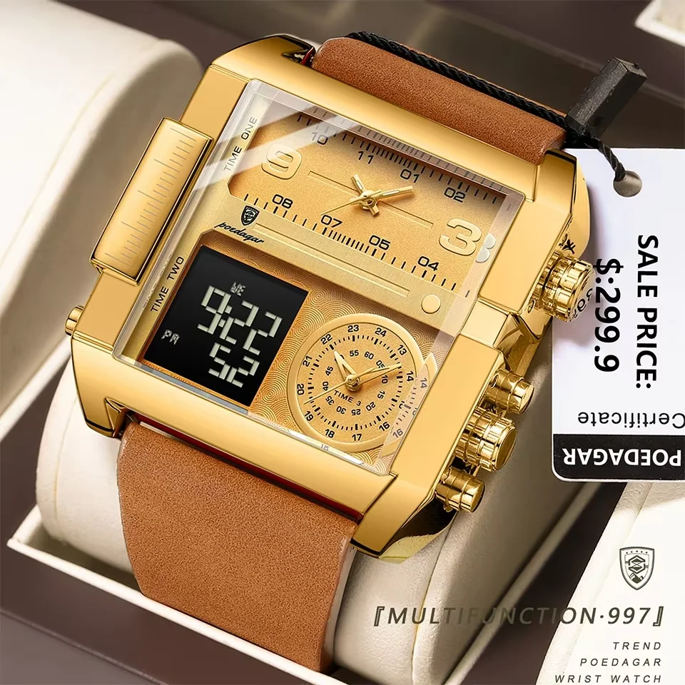 POEDAGAR Luxury Man Wristwatch Rectangle Waterproof Luminous Day Week Men Watch Digital Multifunction Men's Watches Quartz Reloj