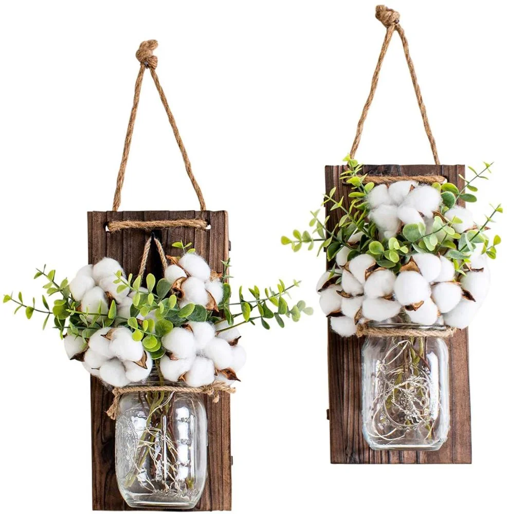 Home Decoration Hot selling Battery Operated Rustic Hanging Jar Cotton Mason Jar Wall Sconce